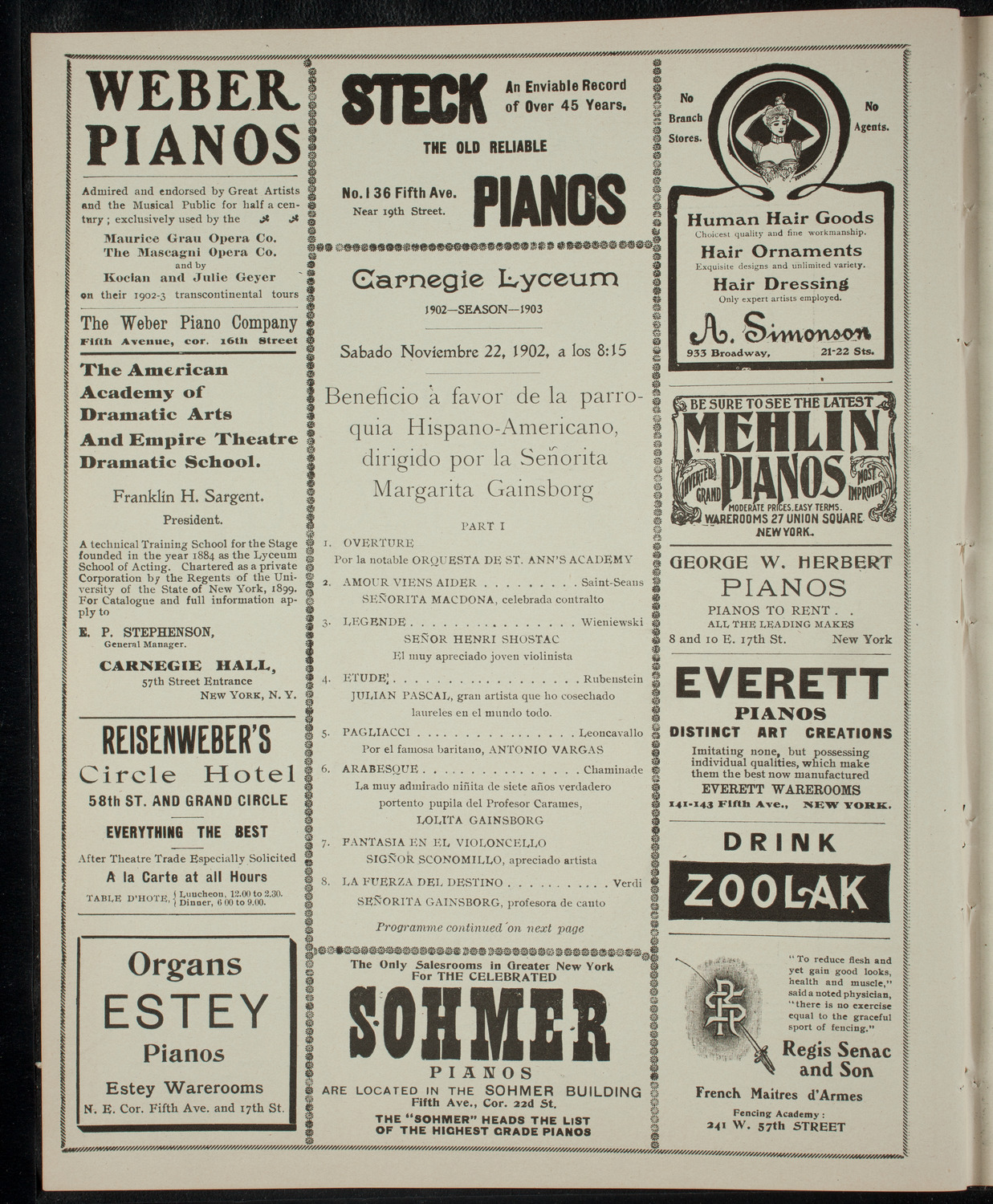 Benefit: Hispanic-American Parish, November 22, 1902, program page 2