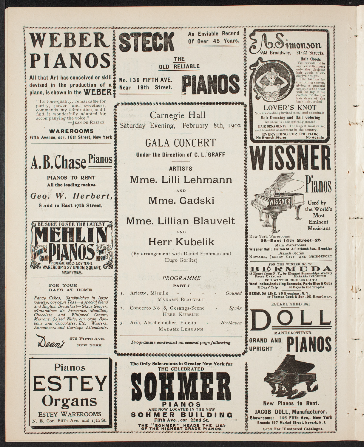 Lilli Lehmann, Johanna Gadski, Lillian Blauvelt, Sopranos, and Jan Kubelik, Violin, February 8, 1902, program page 6