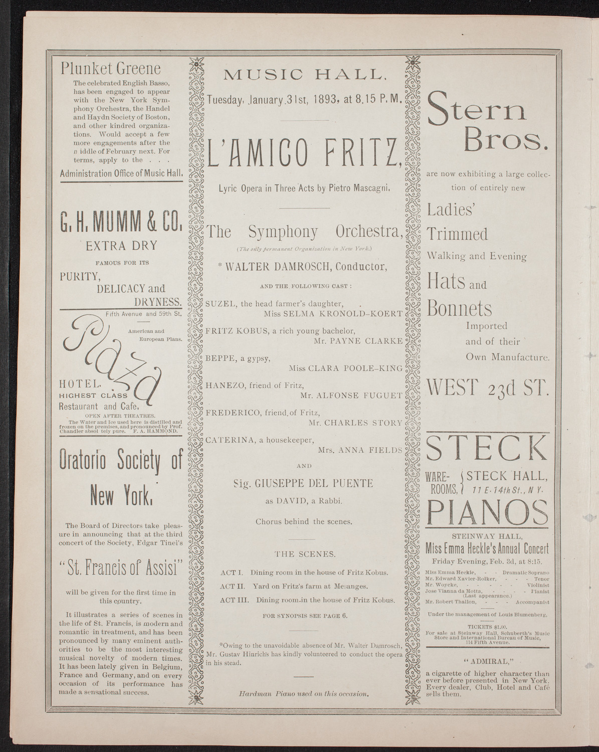 Opera: L'amico Fritz, January 31, 1893, program page 4