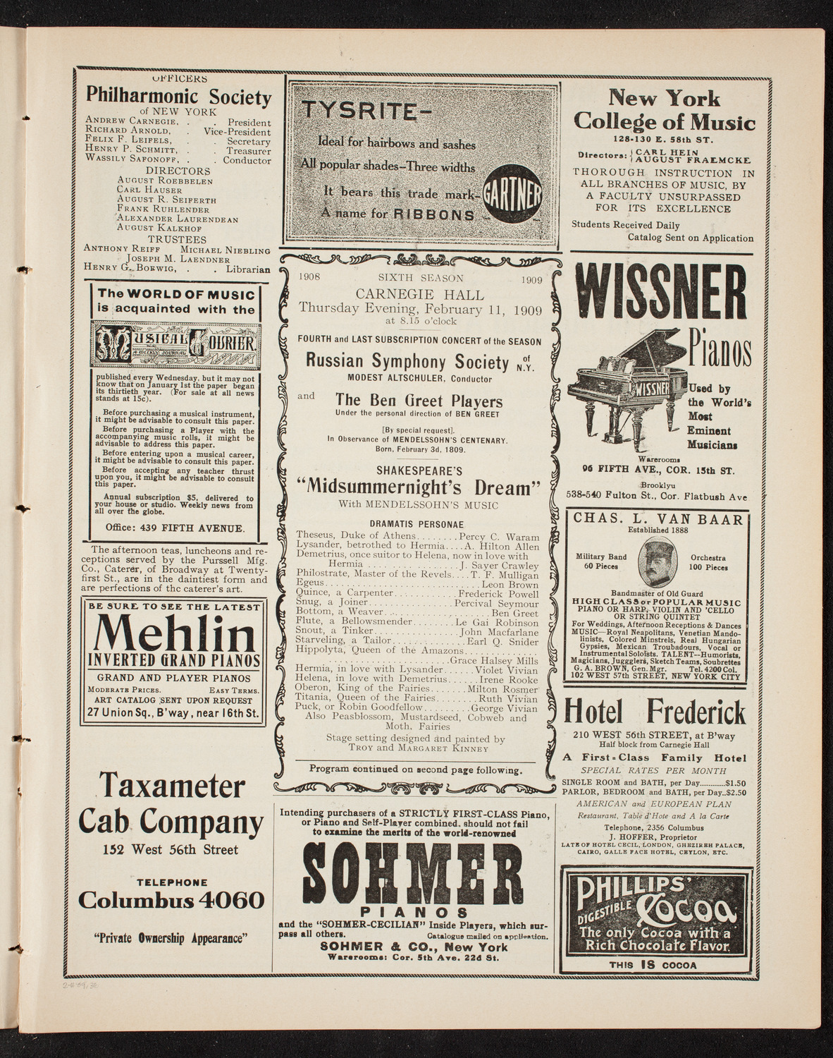 Russian Symphony Society of New York and The Ben Greet Players, February 11, 1909, program page 5