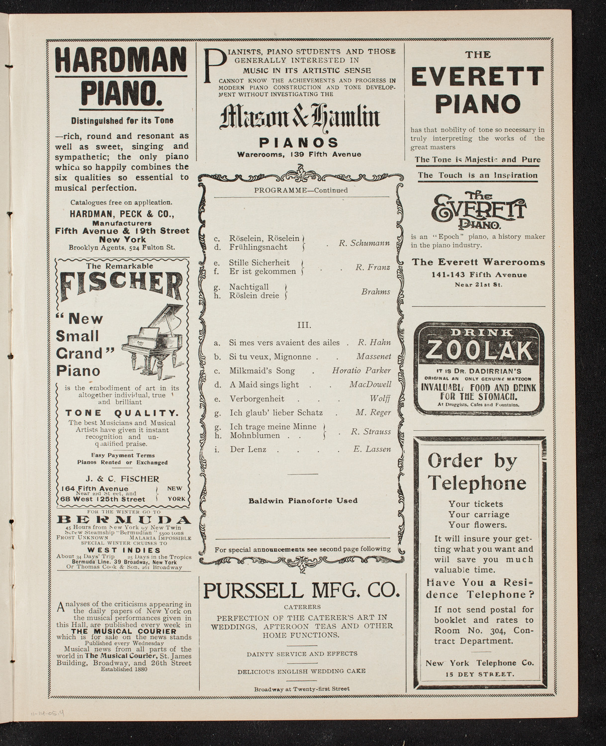 Marcella Sembrich, Soprano, November 14, 1905, program page 7