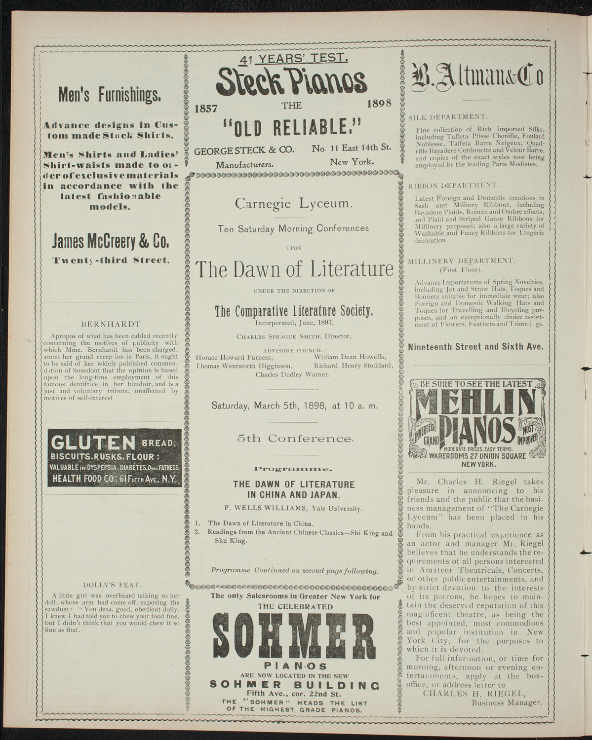 Comparative Literature Society Saturday Morning Conference, March 5, 1898, program page 4