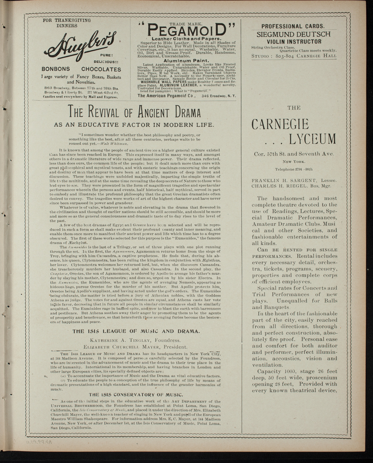 Isis League of Music and Drama Student Production, November 19, 1898, program page 7