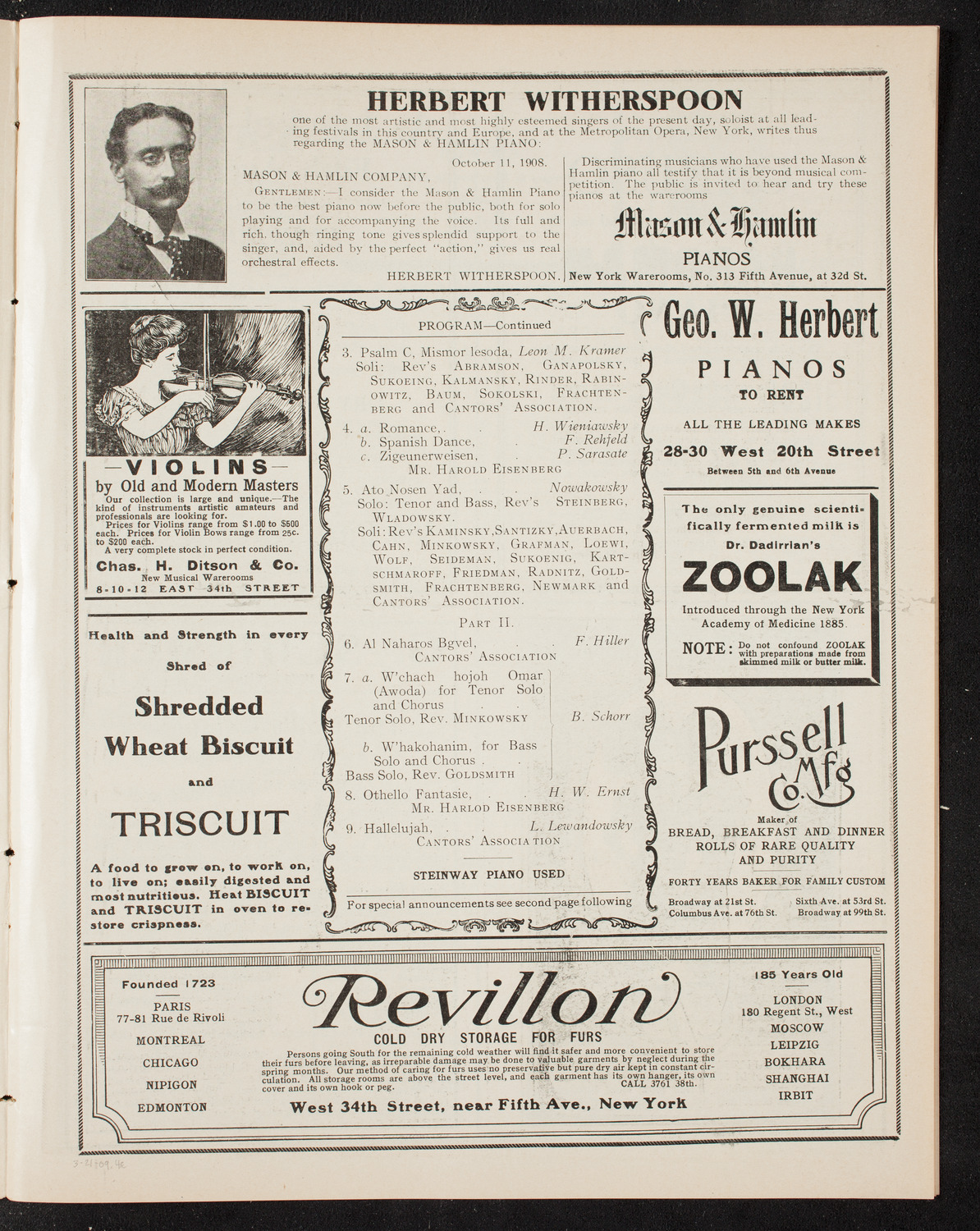 Cantors' Association of America, March 21, 1909, program page 7