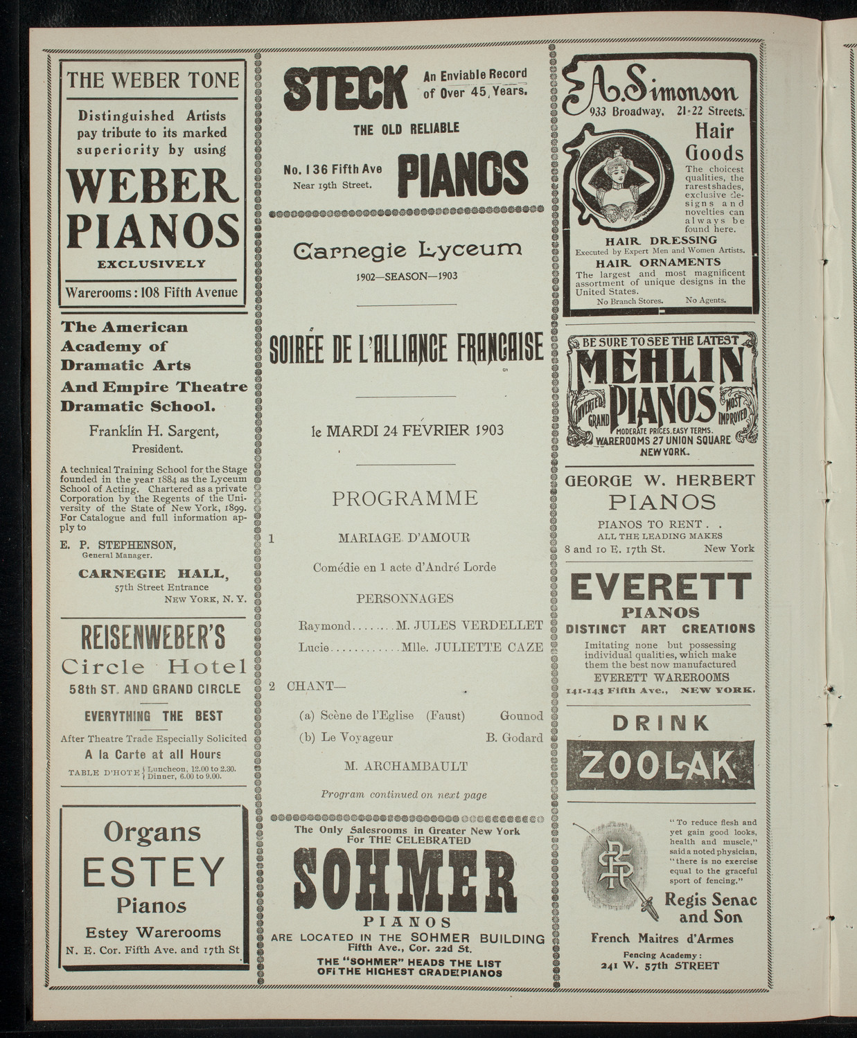 Soirée de l'Alliance Française, February 24, 1903, program page 2