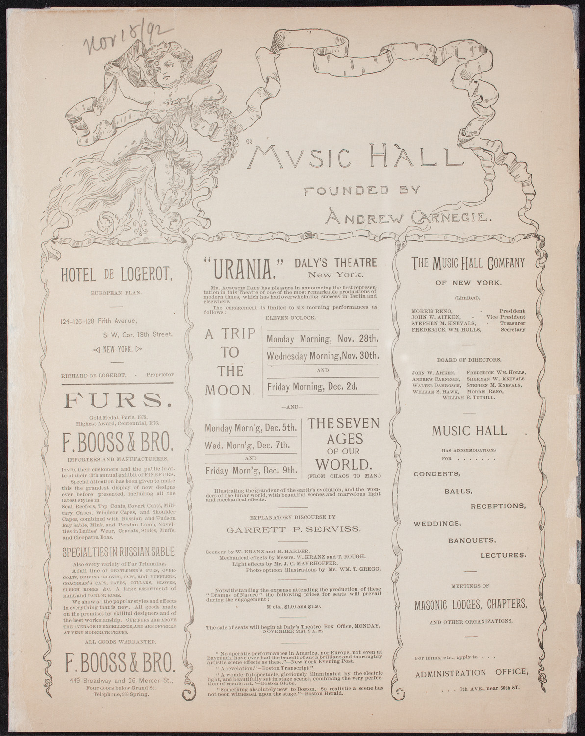 New York Philharmonic, November 18, 1892, program page 1