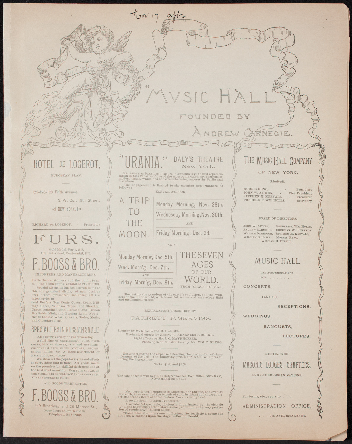 Benefit: Roman Catholic Orphan Asylums, November 17, 1892, program page 1