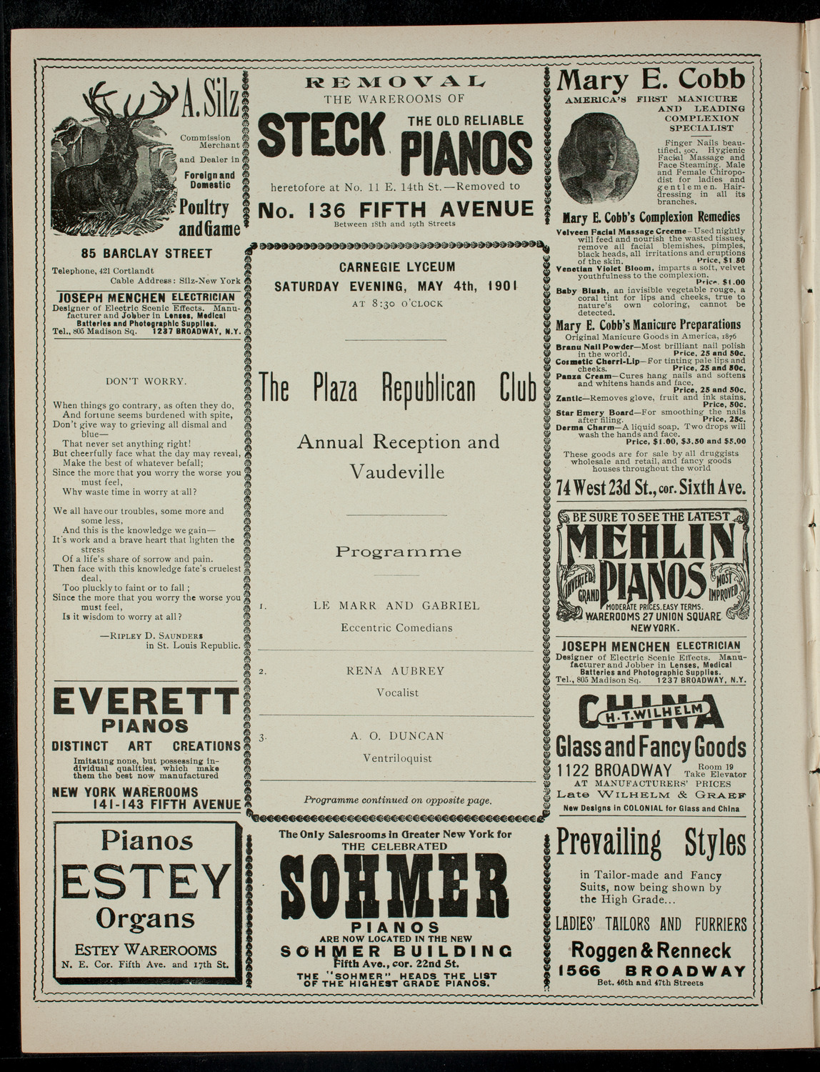 The Plaza Republican Club Annual Reception and Vaudeville, May 4, 1901, program page 2