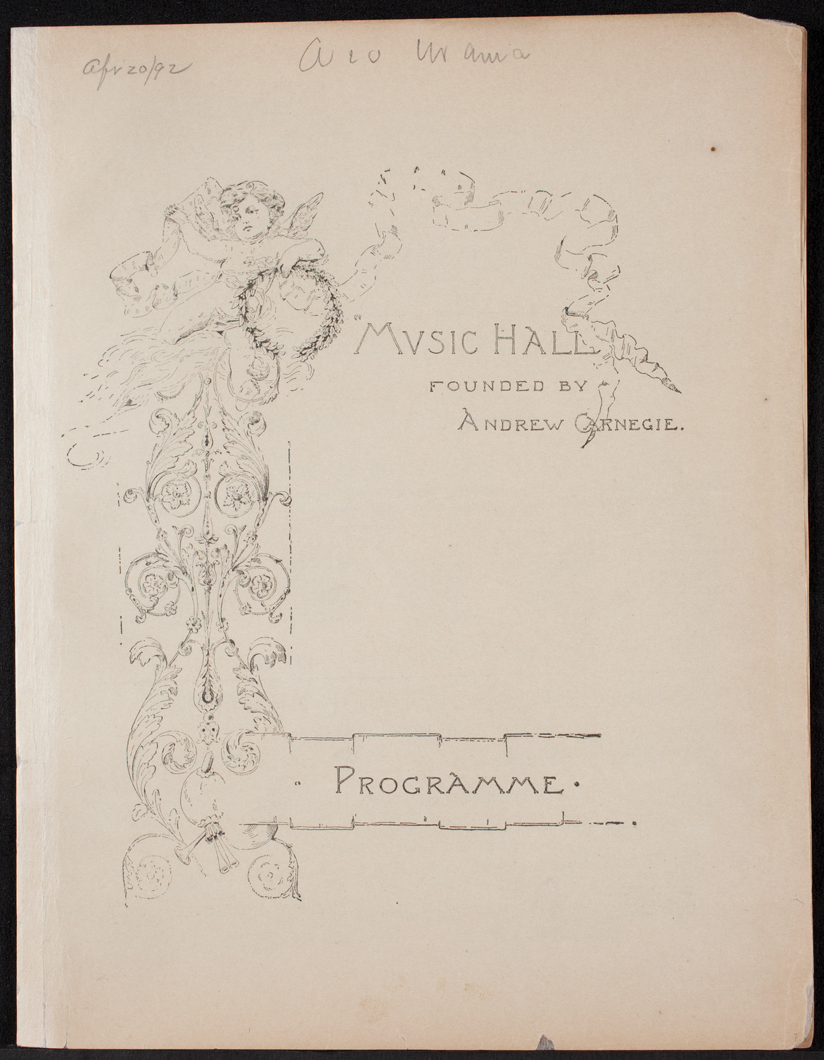 Urania Scientific Theatre, April 20, 1892, program page 1