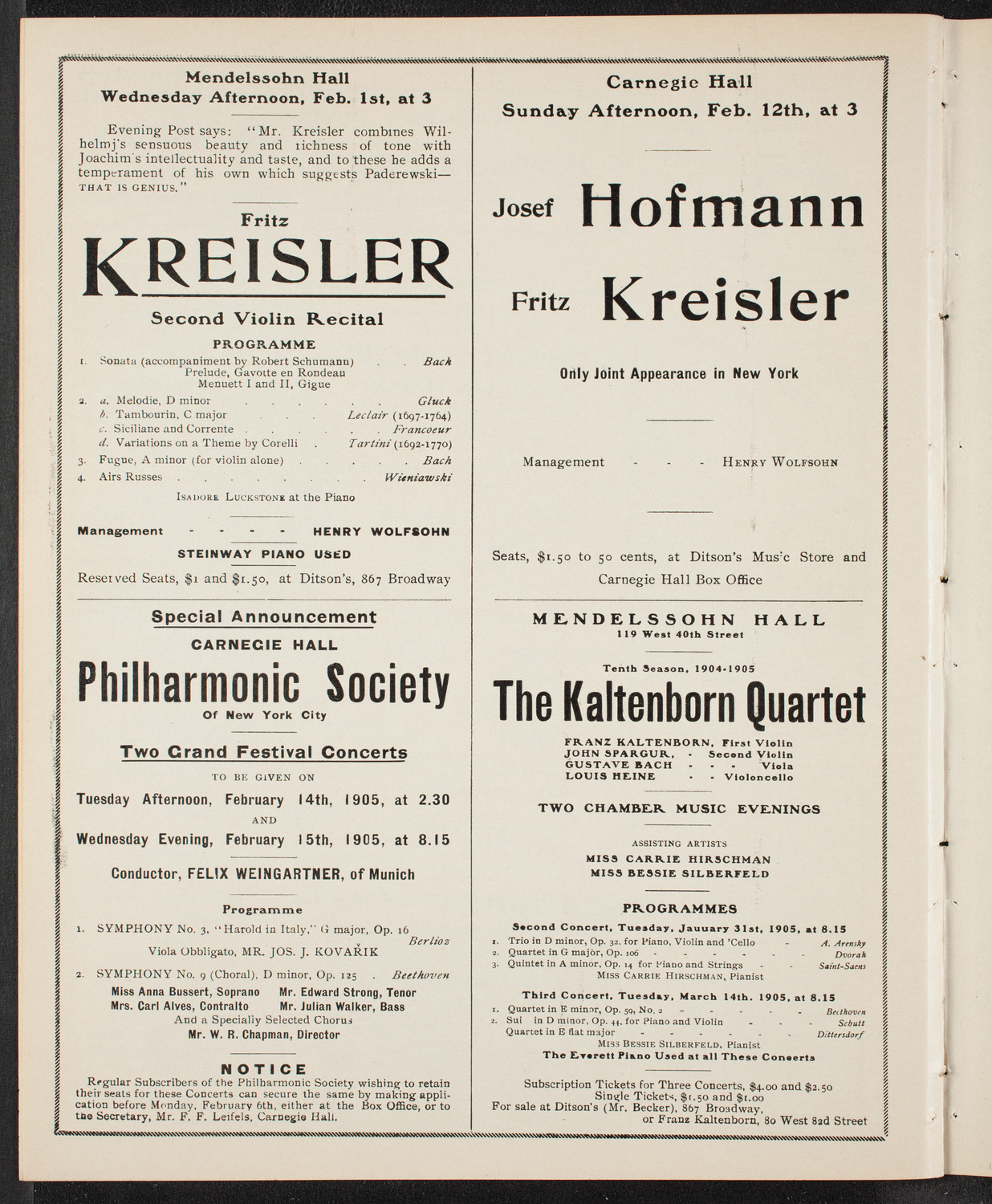 Franz von Vecsey, Violin, January 28, 1905, program page 10