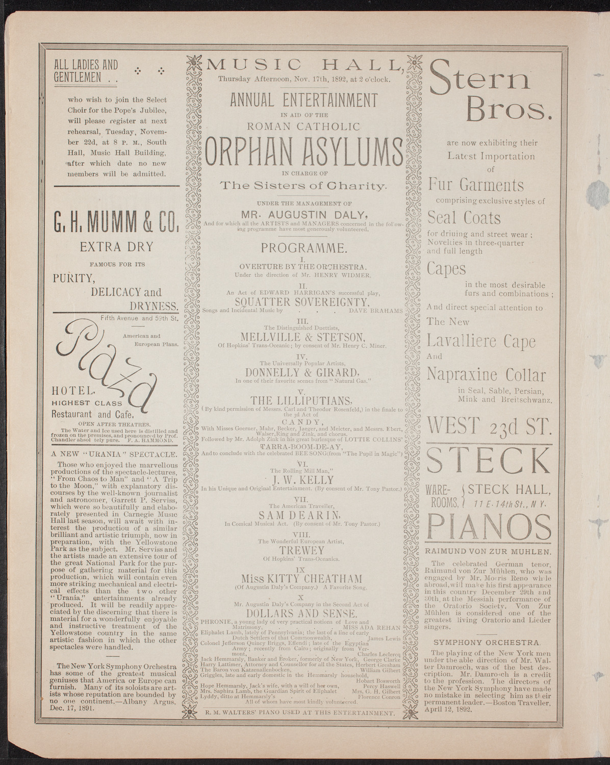 Benefit: Roman Catholic Orphan Asylums, November 17, 1892, program page 4