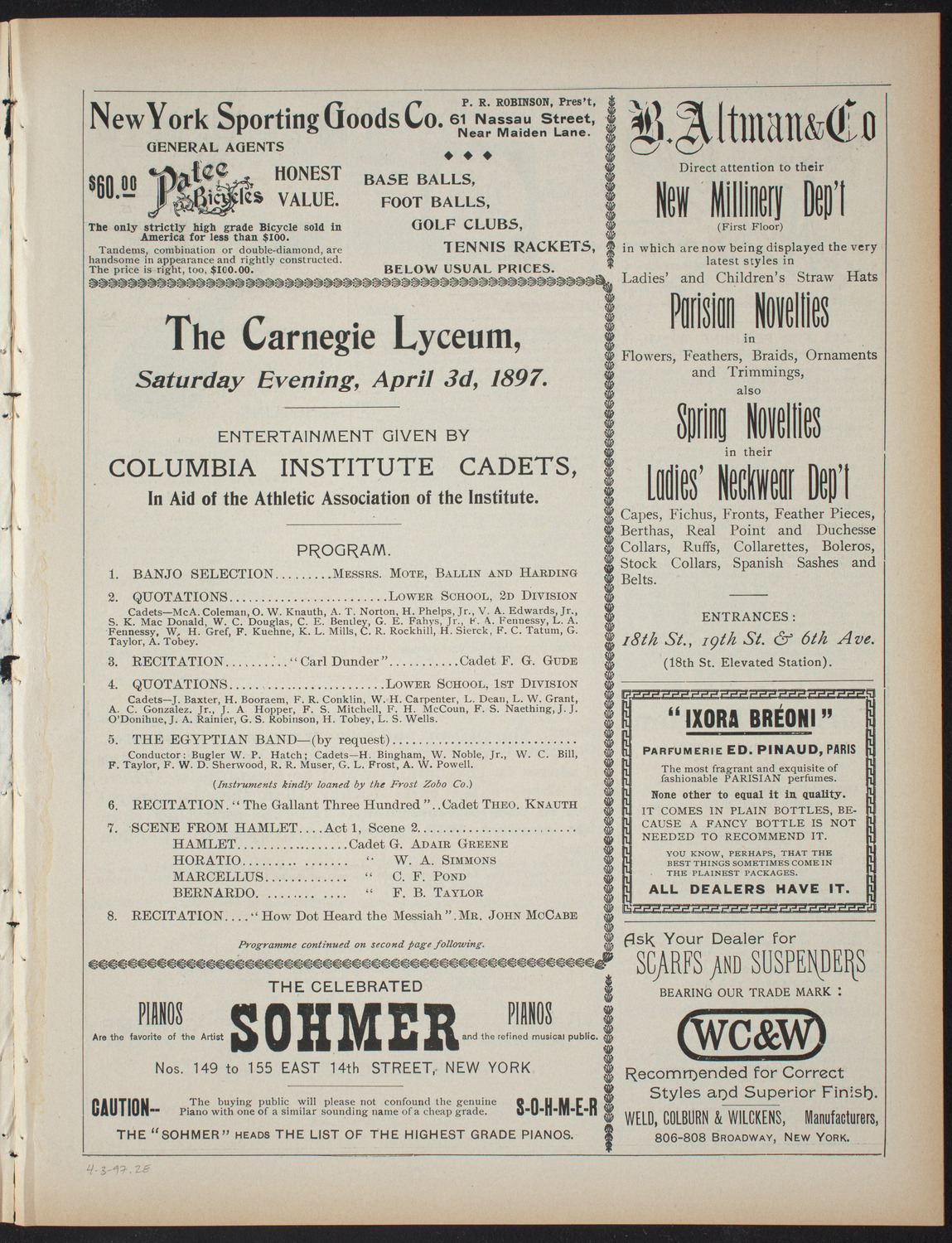 Columbia Institute Cadets, April 3, 1897, program page 3