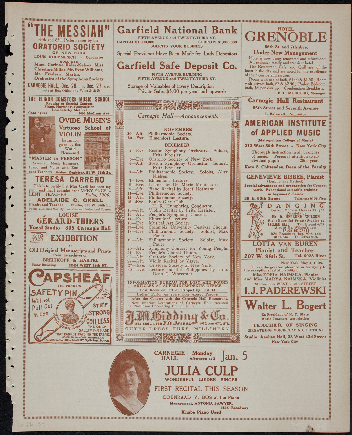 Ignacy Jan Paderewski, Piano, November 29, 1913, program page 3