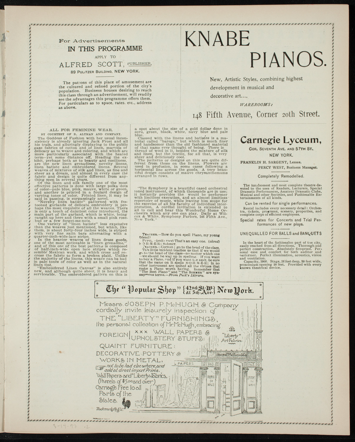 Metropolitan Permanent Orchestra, March 14, 1897, program page 3