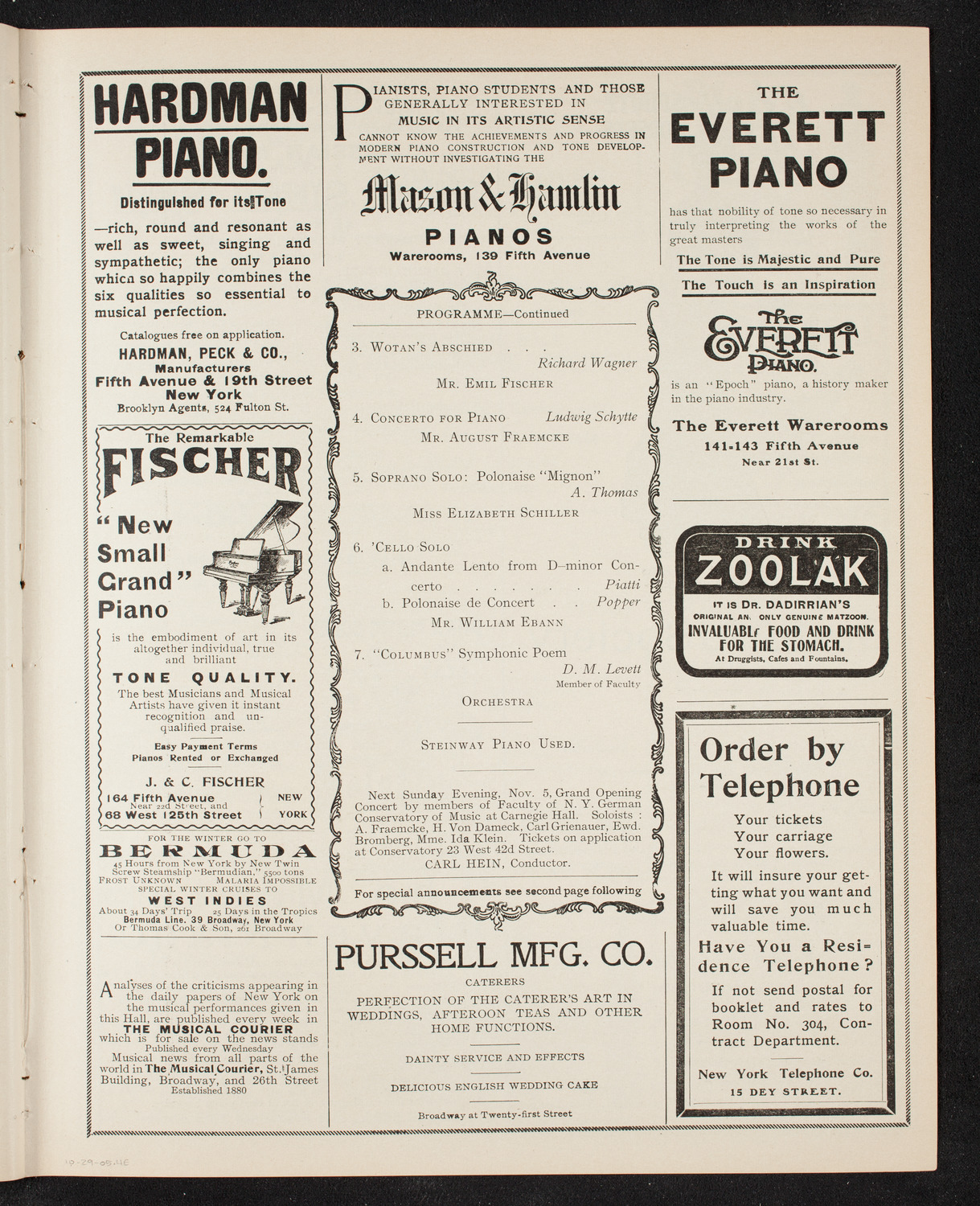 New York College of Music Faculty Concert, October 29, 1905, program page 7