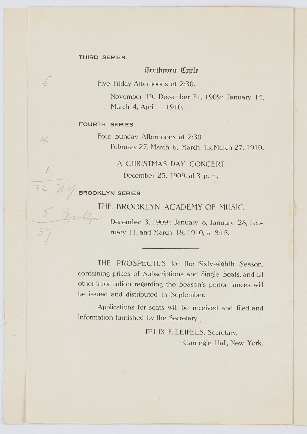 New York Philharmonic, 1909-1910