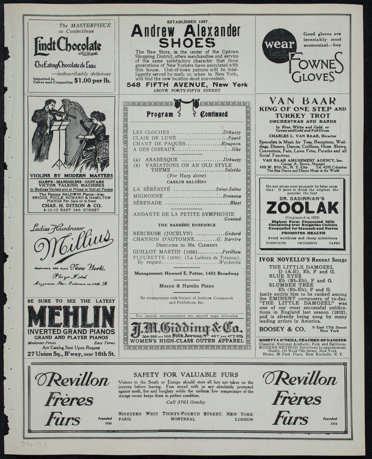 Edmond Clement, Tenor, March 11, 1913, program page 7