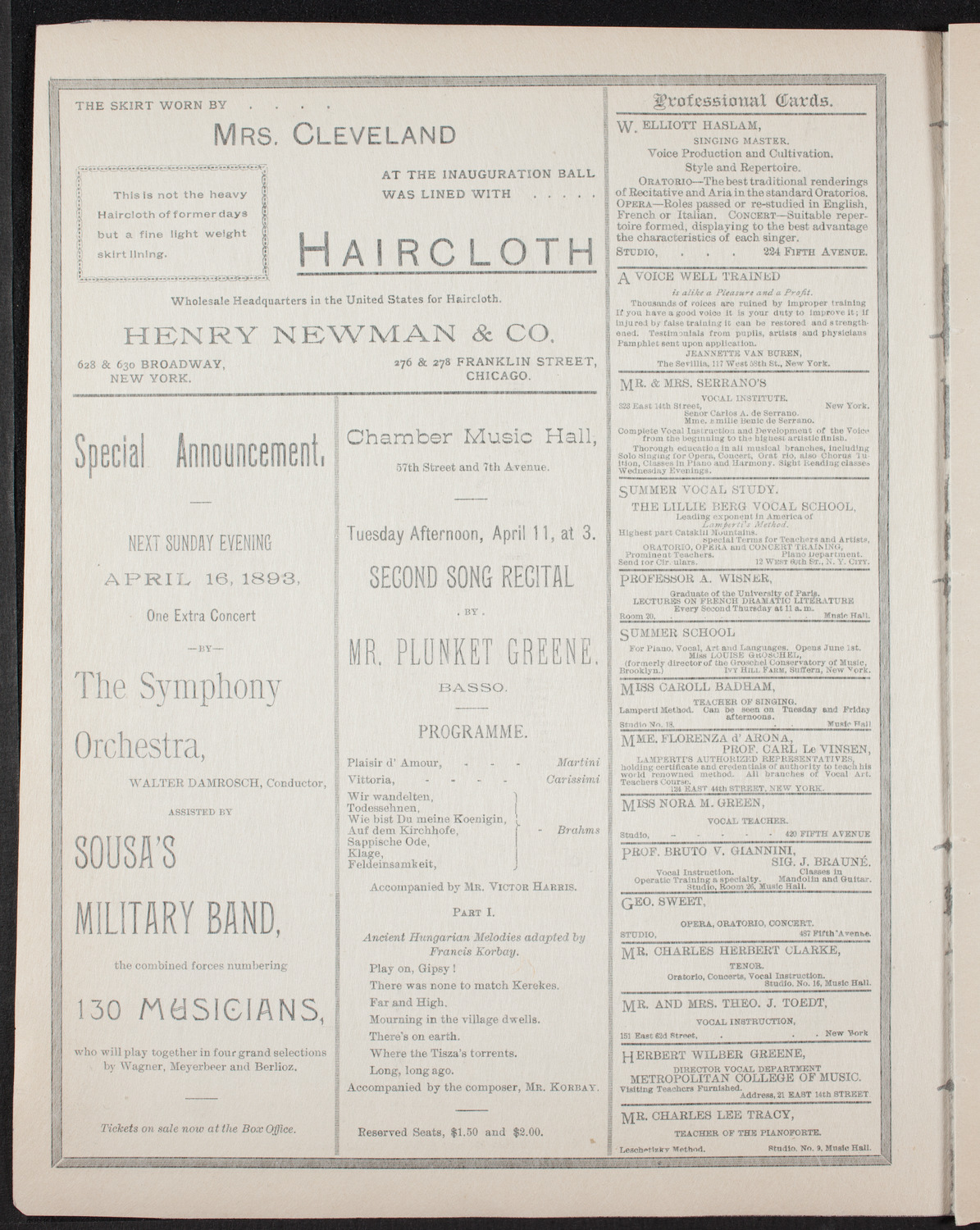 Damrosch Sunday Concert, April 9, 1893, program page 2