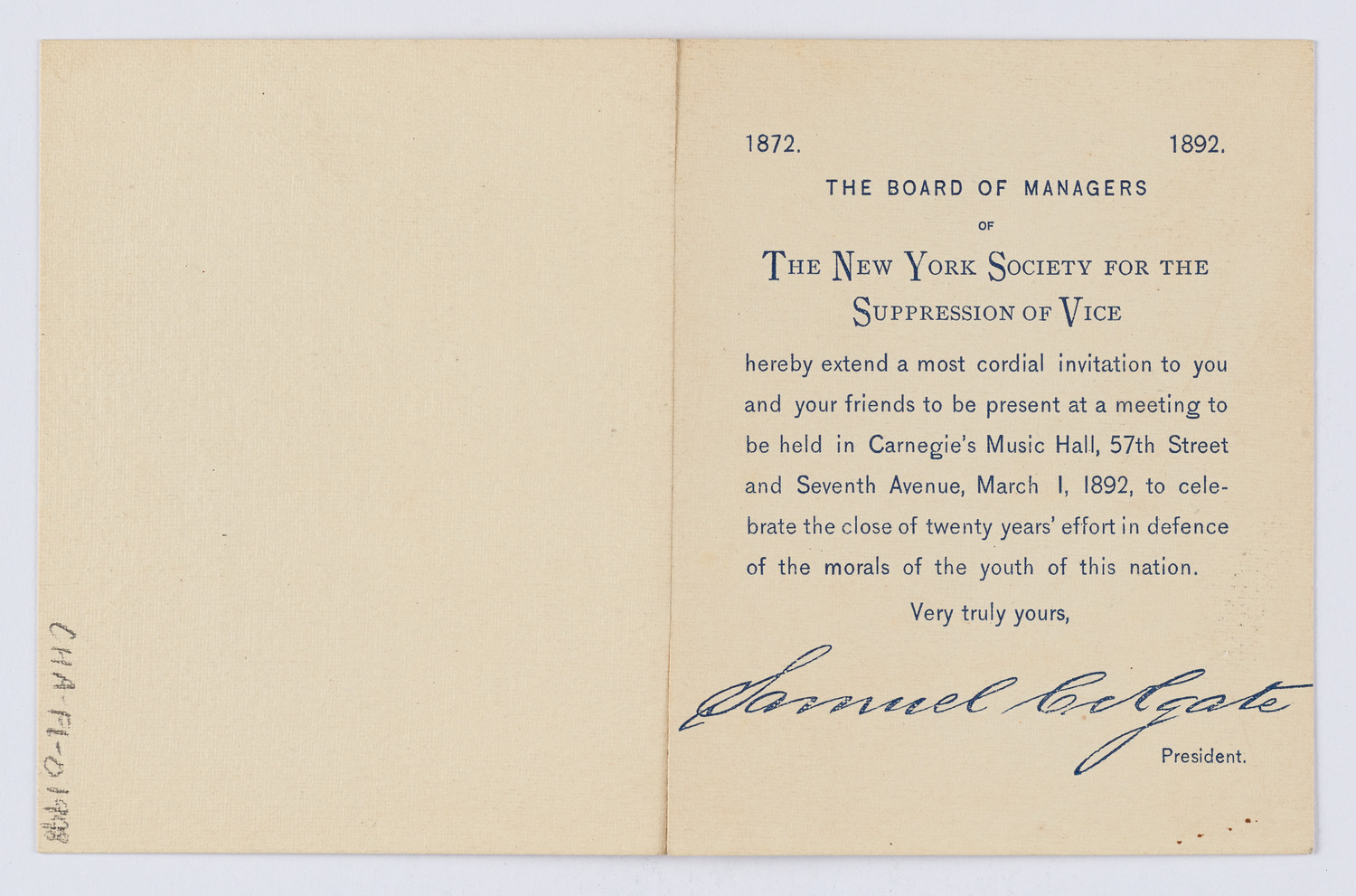 Meeting: New York Society for the Suppression of Vice, March 1, 1892