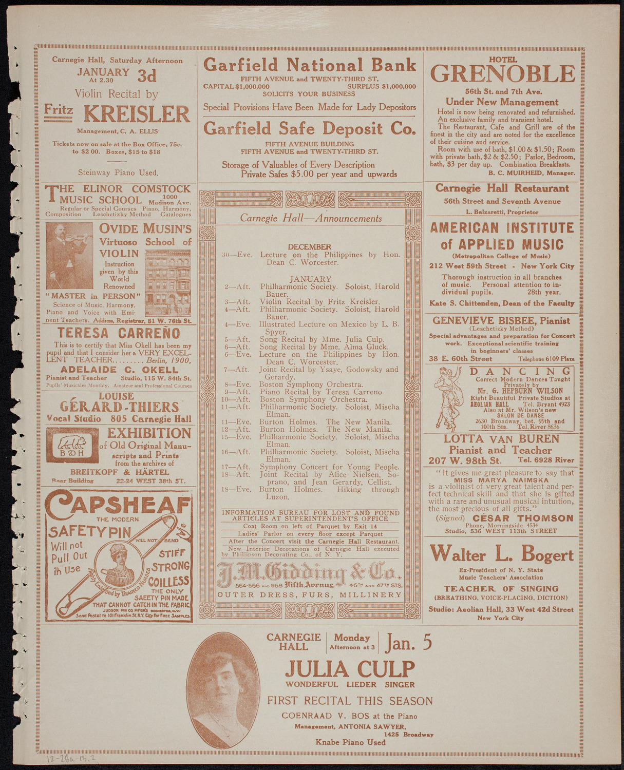 Jeanne Jomelli, Soprano, and William Hinshaw, Baritone, December 28, 1913, program page 3