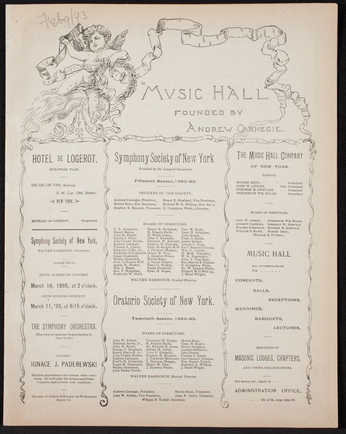 General Society of Mechanics and Tradesmen Program, February 9, 1893, program page 1