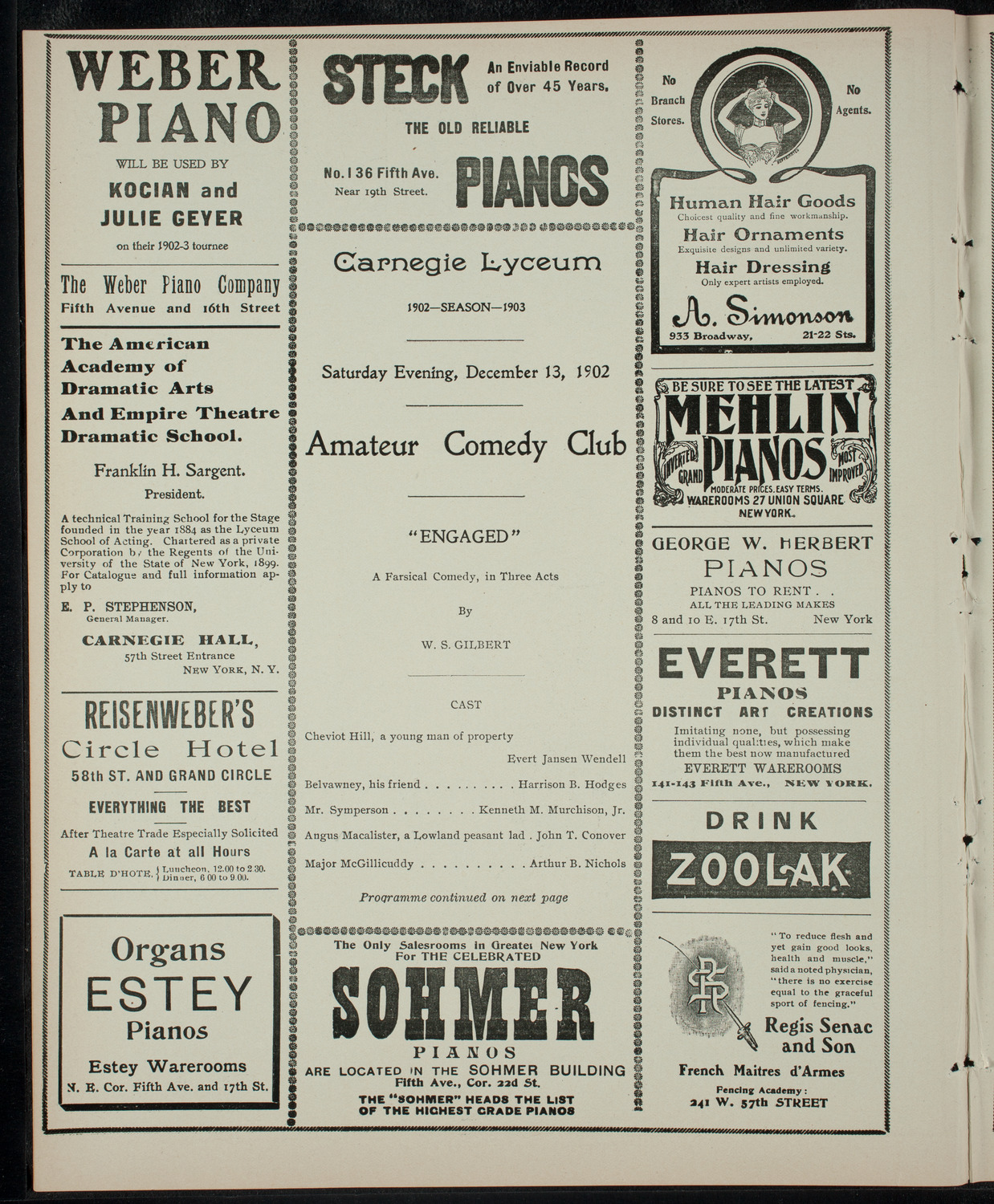 Amateur Comedy Club, December 13, 1902, program page 2