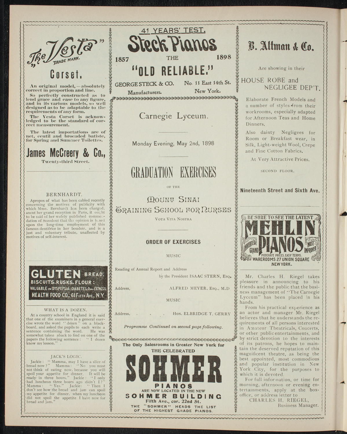 Graduation: Mount Sinai Training School for Nurses, May 2, 1898, program page 4