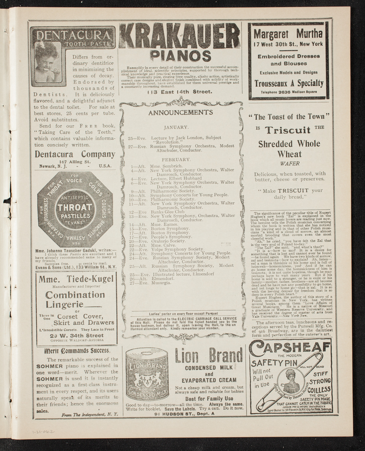 Raoul Pugno, Joseph Hollman and Marie Hall, January 21, 1906, program page 3