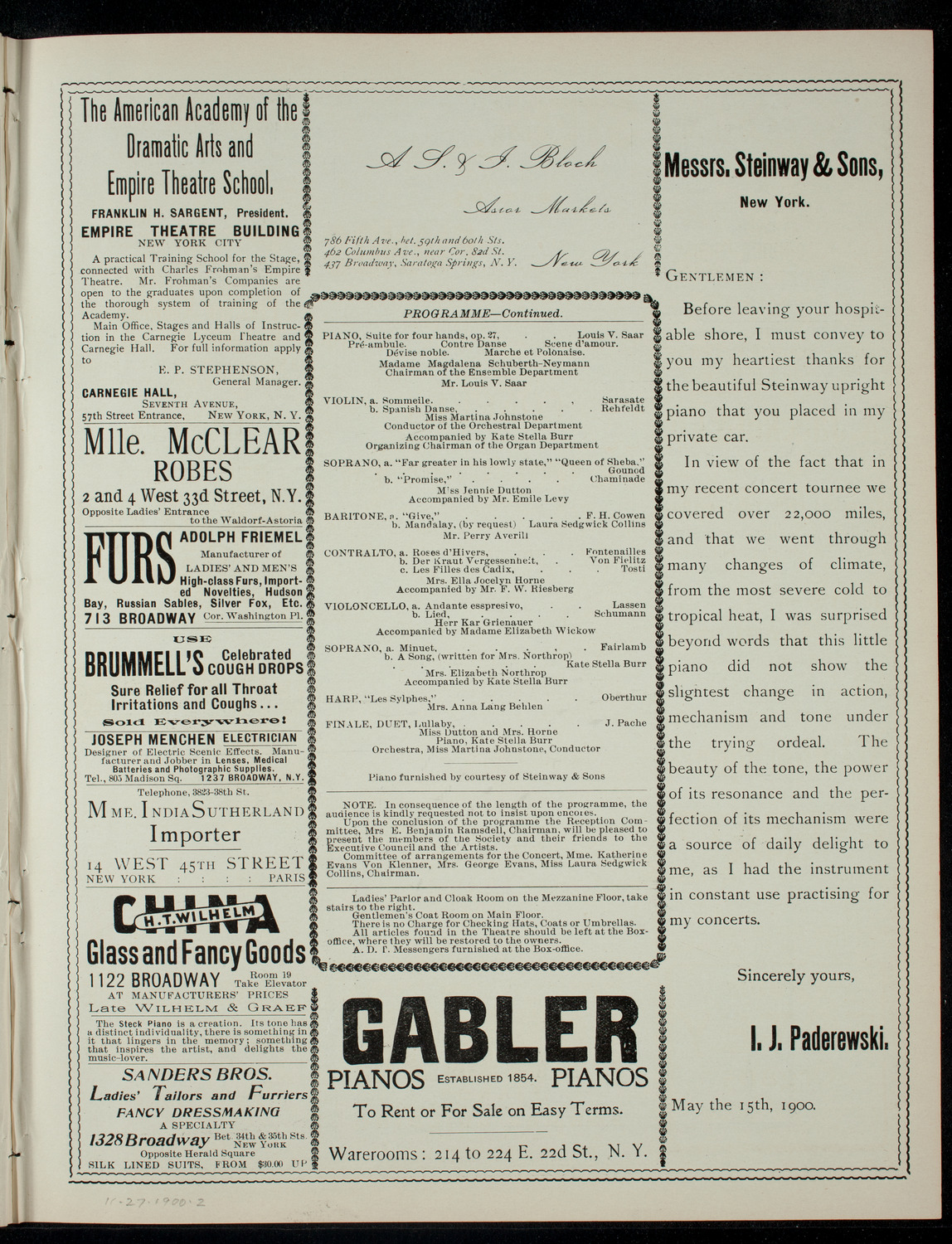 The Women's Philharmonic Society of New York, November 27, 1900, program page 3