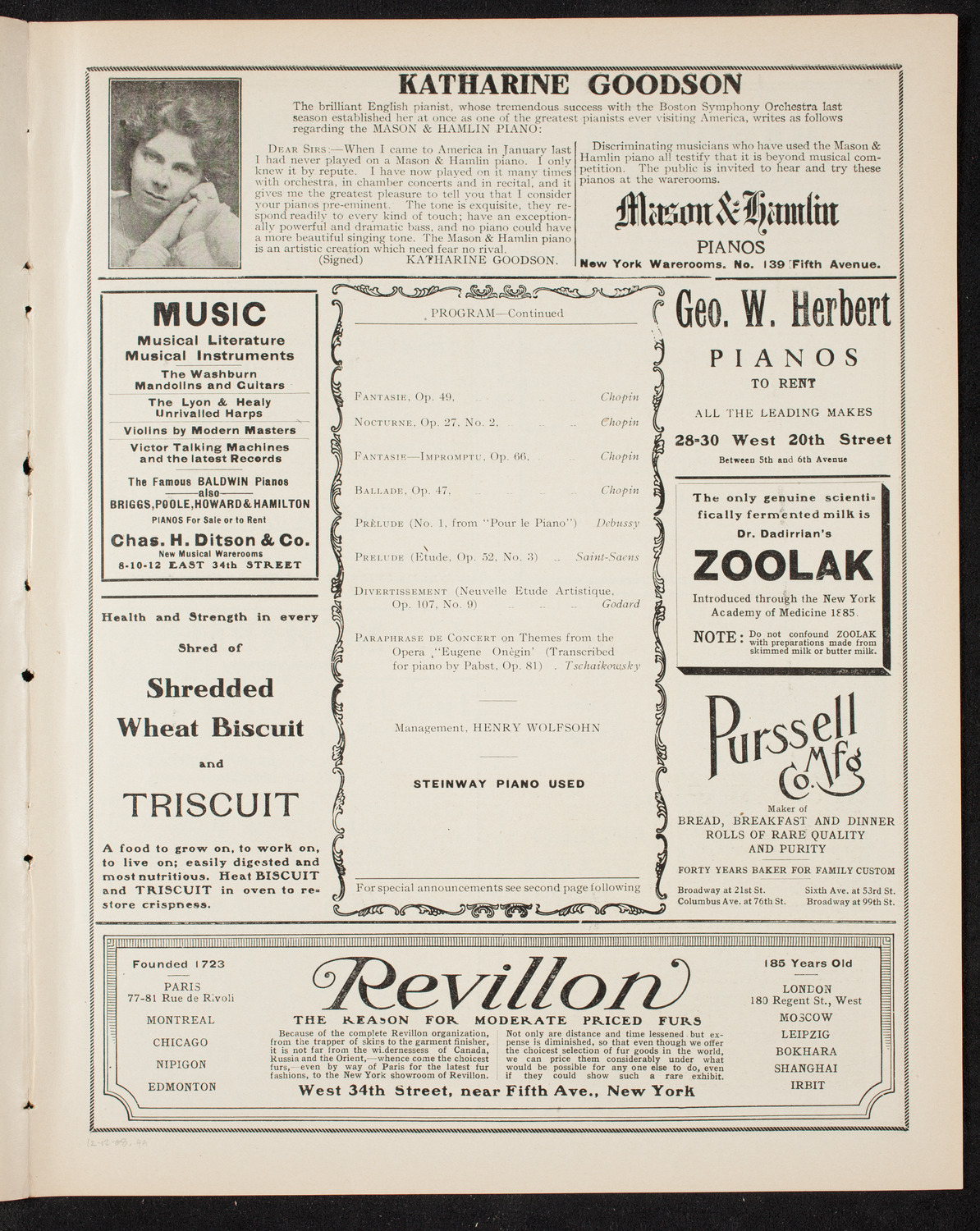 Fannie Bloomfield Zeisler, Piano, December 12, 1908, program page 7