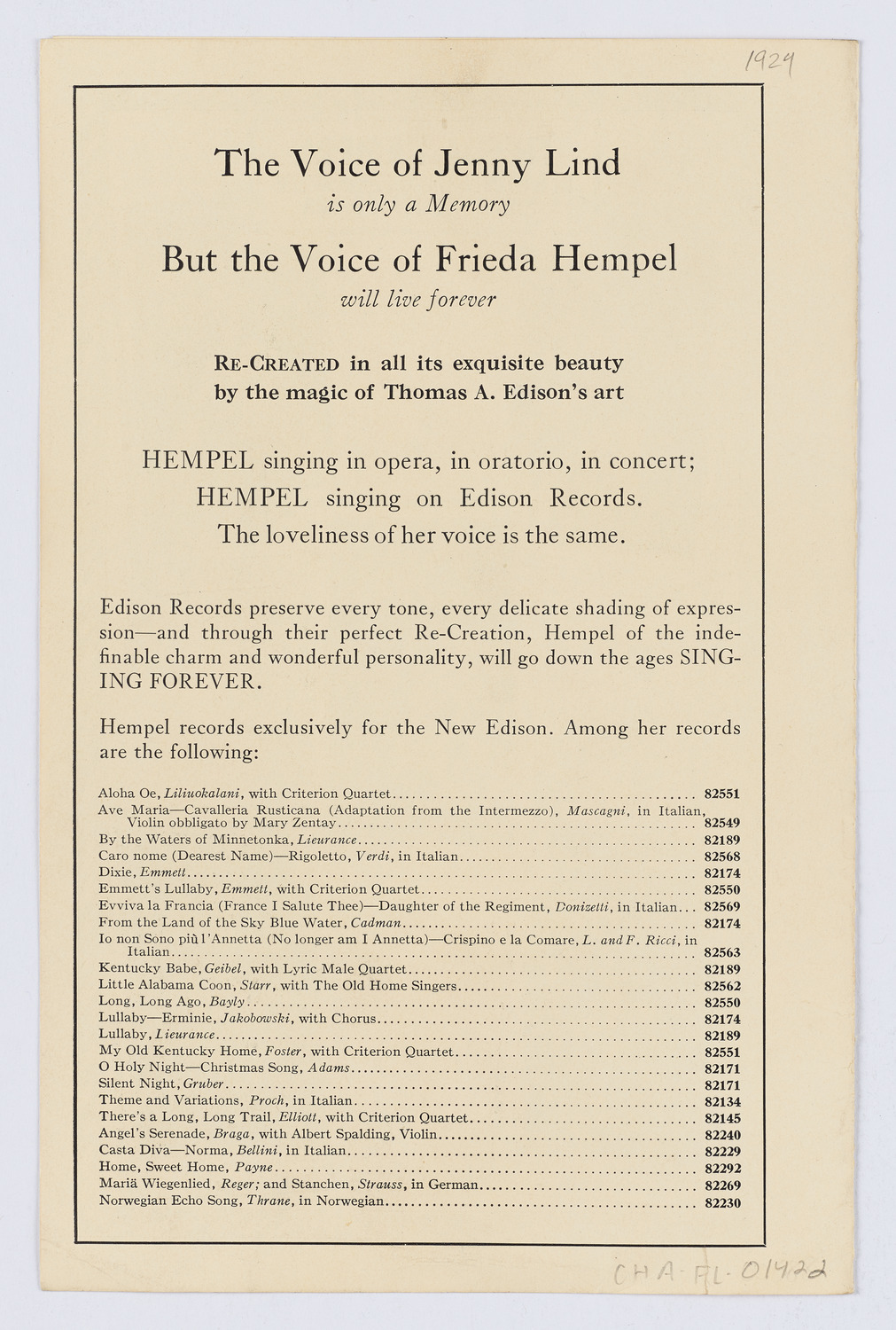 Mademoiselle Jenny Lind as sung by Miss Frieda Hempel, February 12, 1924