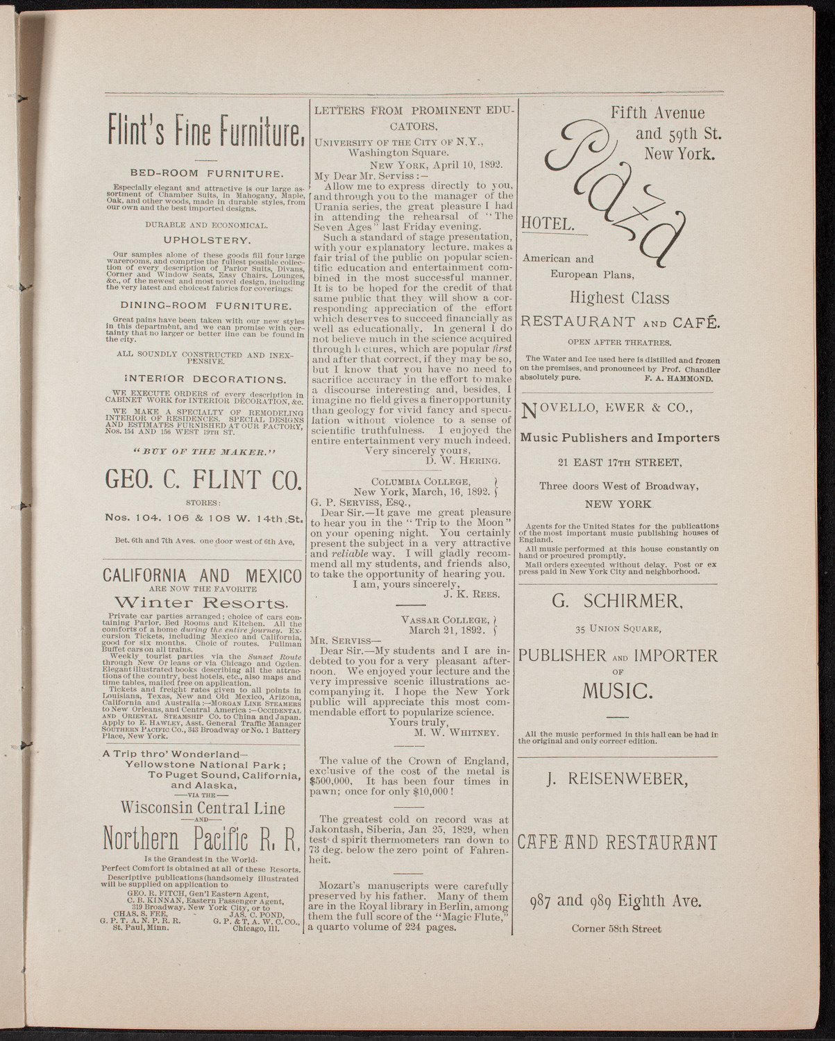 Damrosch Sunday Concert, April 24, 1892, program page 9
