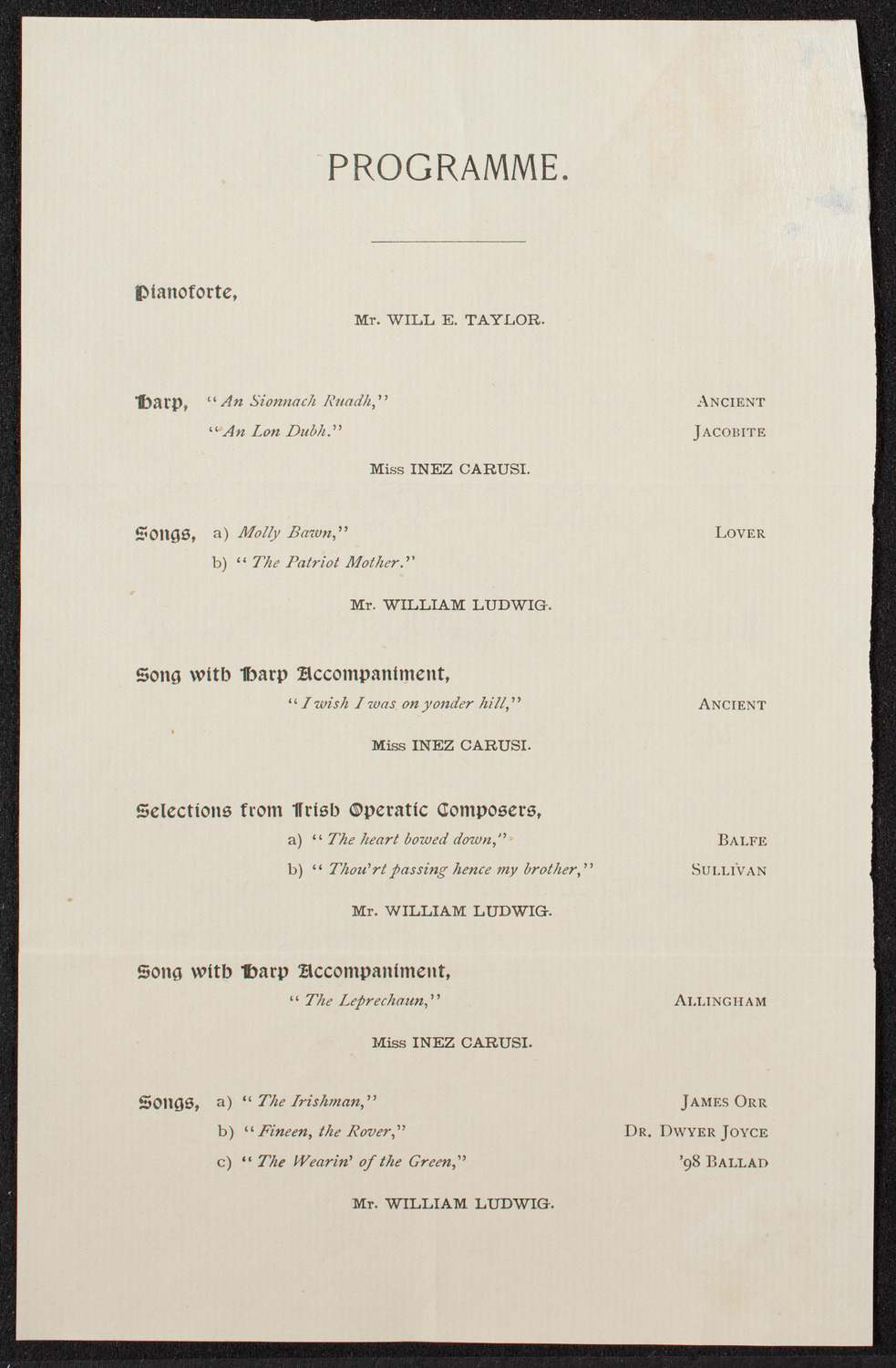 Gaelic Society Irish Song and Harp Recital, June 7, 1893, program page 2