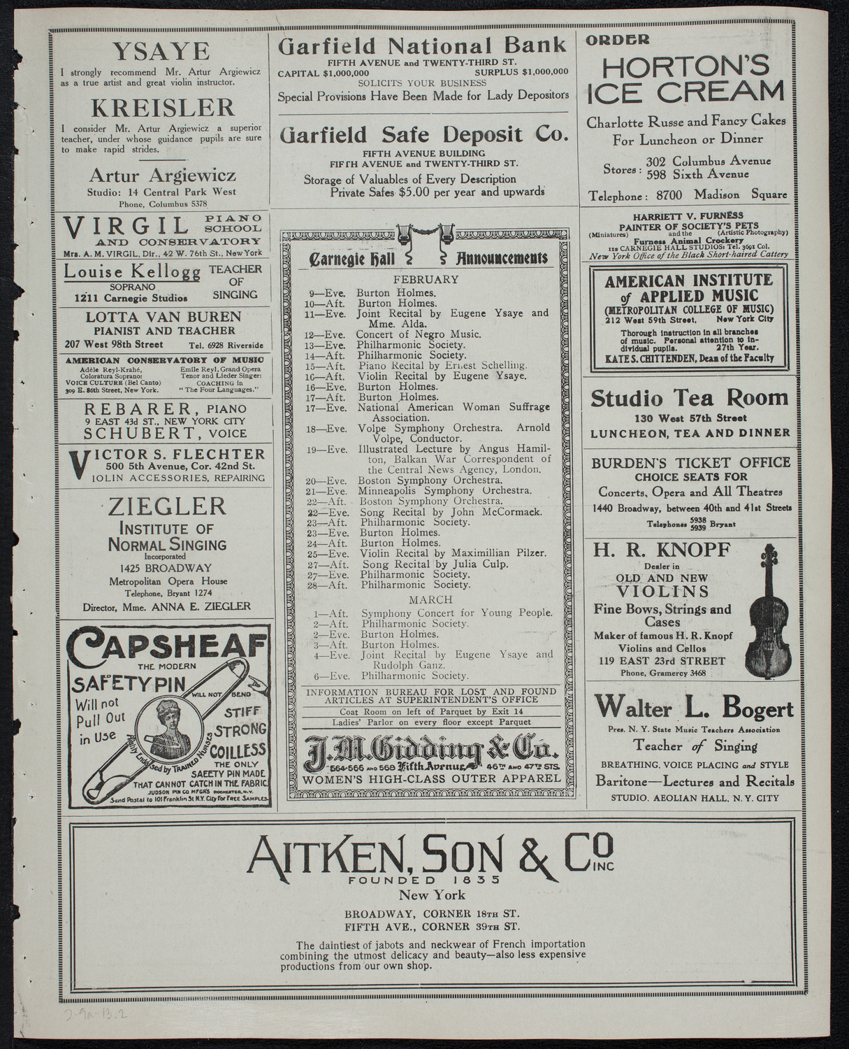 New York Philharmonic, February 9, 1913, program page 3