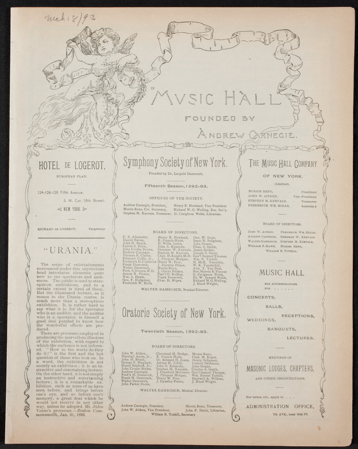 Ignacy Jan Paderewski, Piano, March 18, 1893, program page 1
