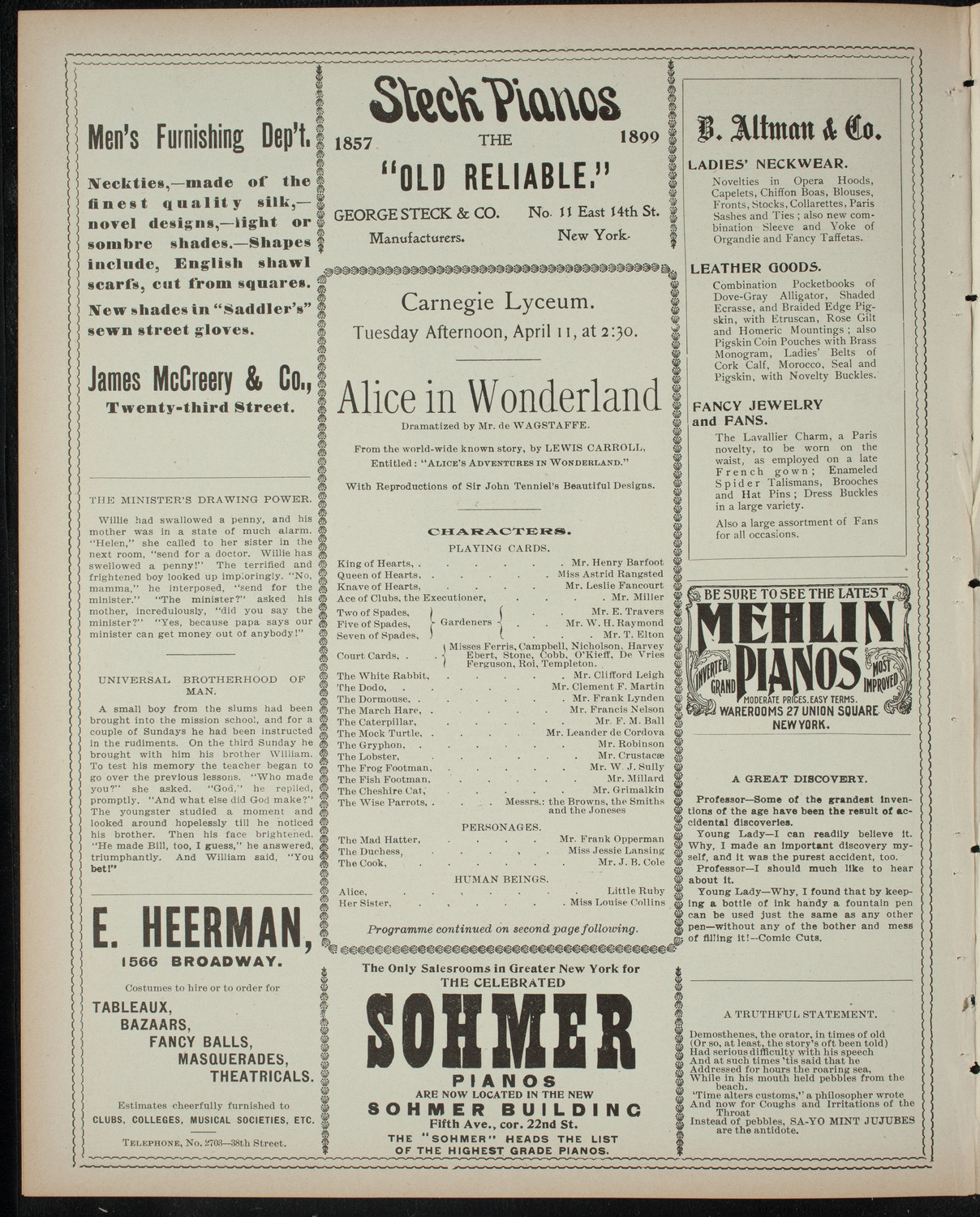 Alice in Wonderland, April 11, 1899, program page 4