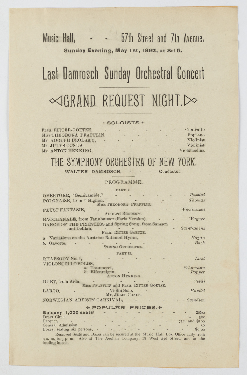 New York Symphony Orchestra, May 1, 1892