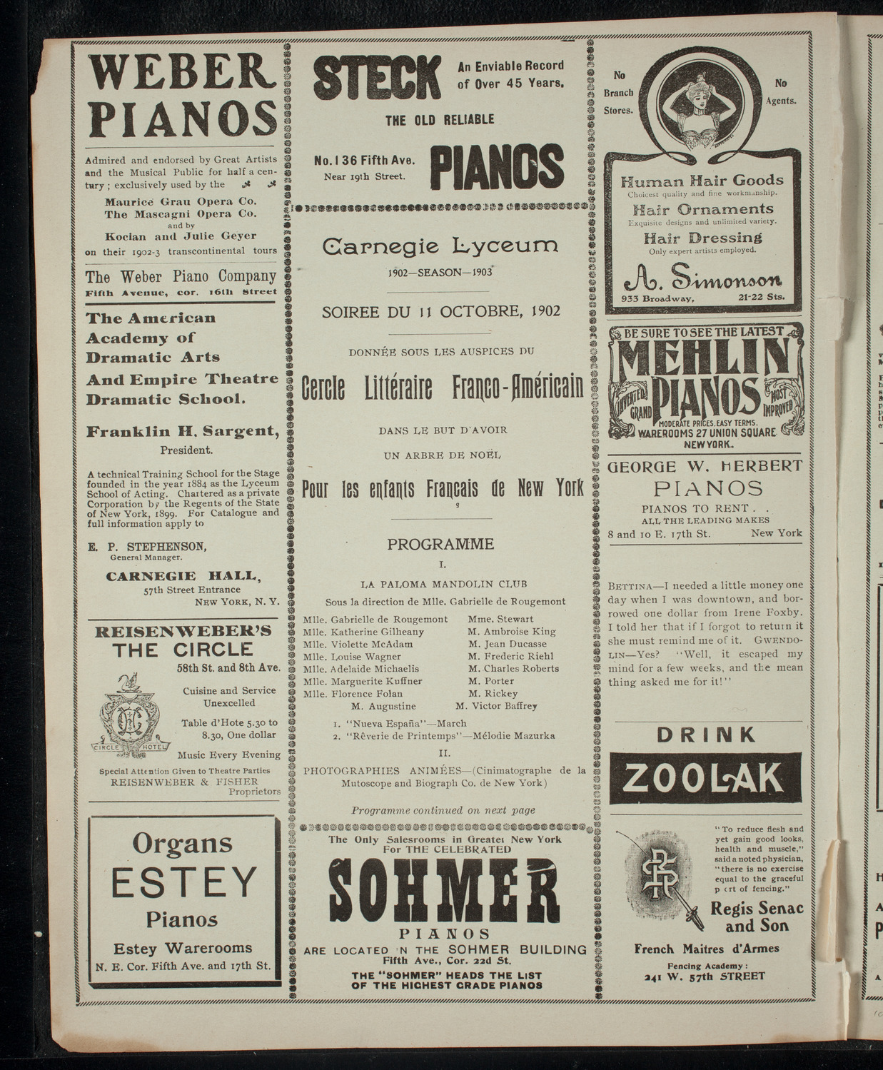Cercle Littéraire Franco-Américain, October 11, 1902, program page 2