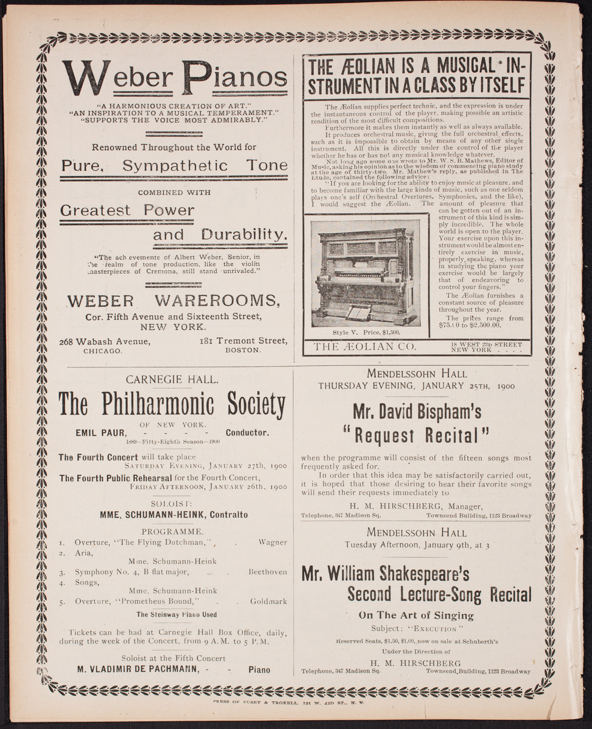 Ignacy Jan Paderewski, Piano, January 6, 1900, program page 12