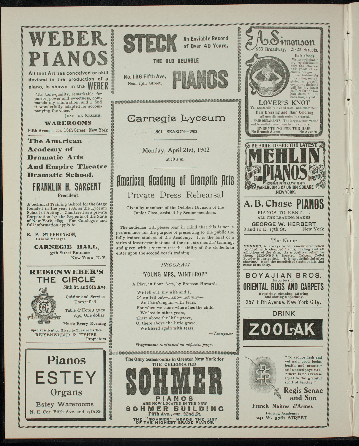 American Academy of the Dramatic Arts Private Dress Rehearsal, April 21, 1902, program page 2