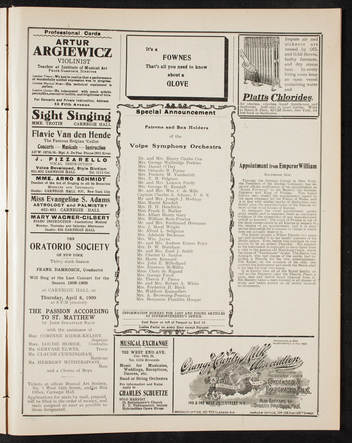 Volpe Symphony Society of New York, March 25, 1909, program page 9