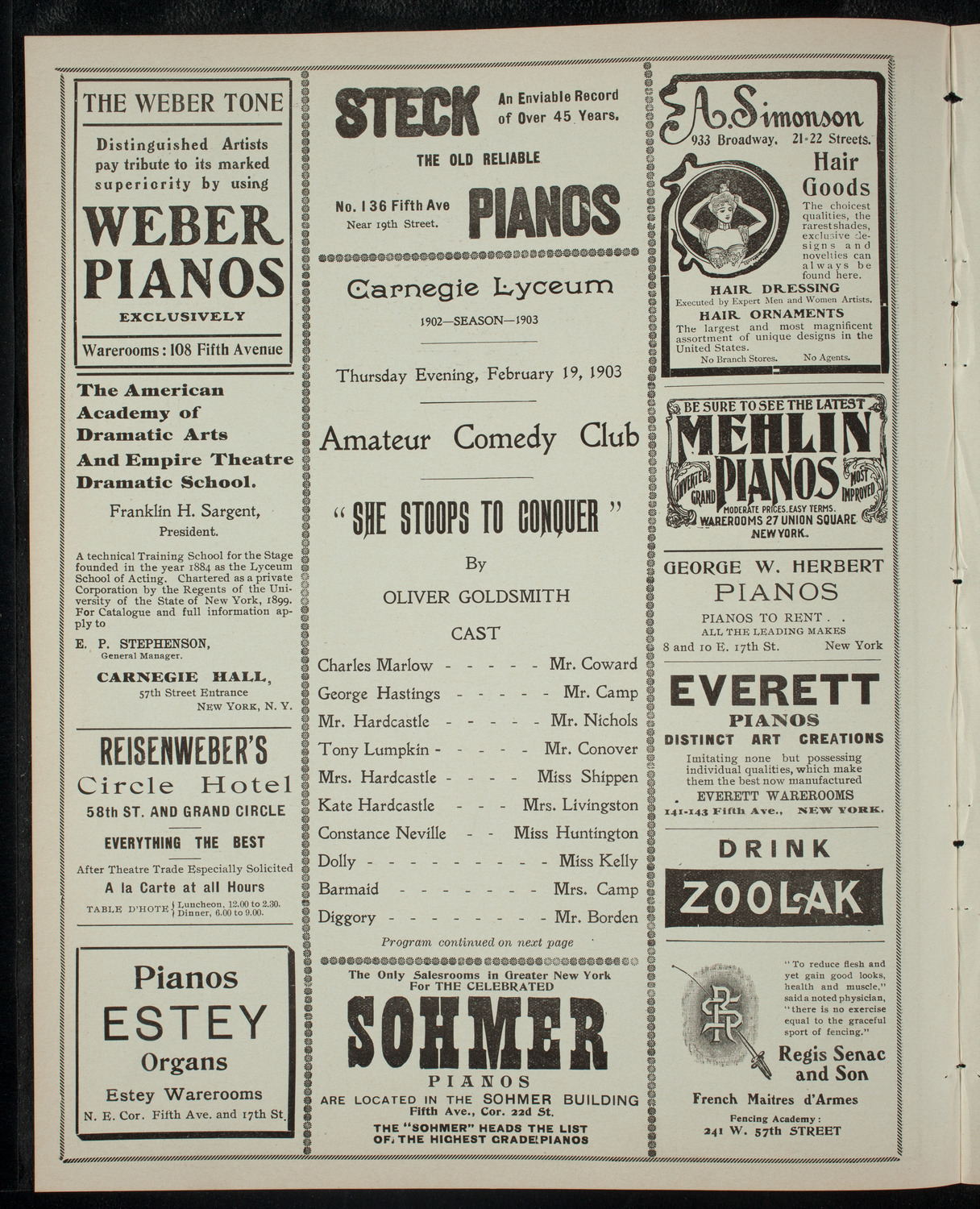 Amateur Comedy Club, February 19, 1903, program page 2