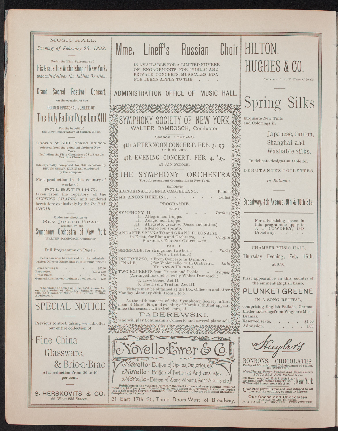 Damrosch Sunday Concert, January 29, 1893, program page 6