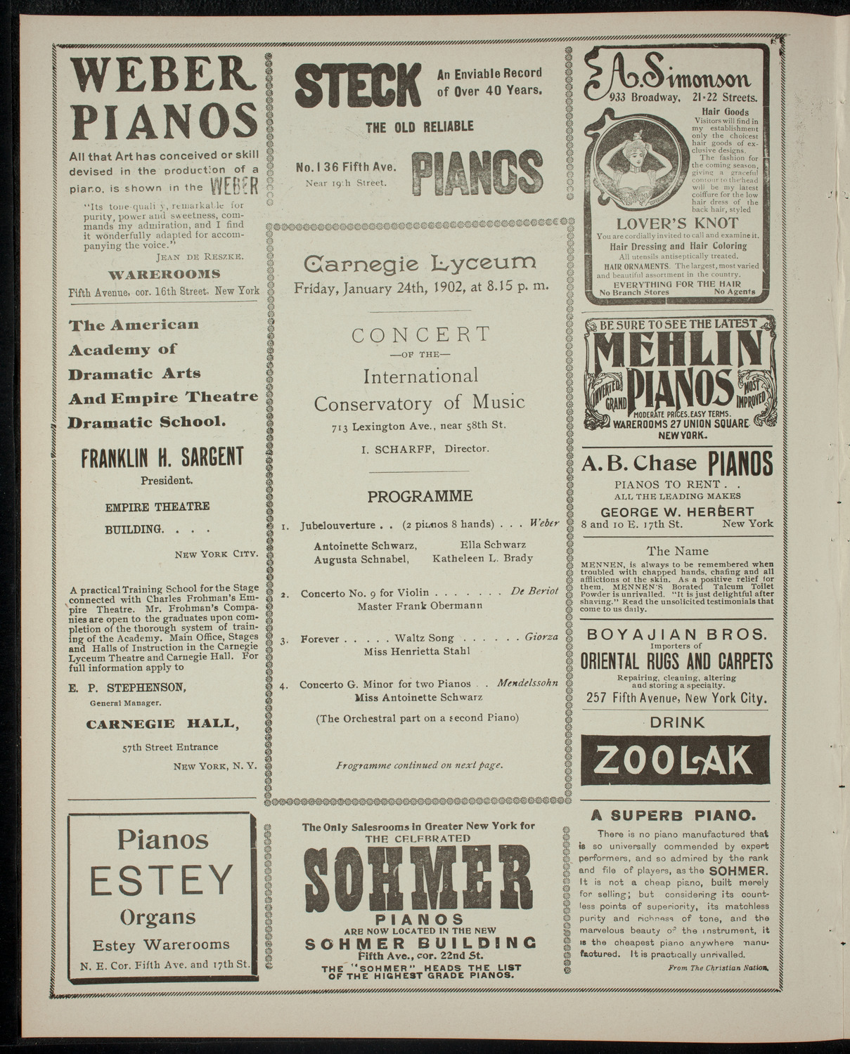 Concert by the International Conservatory of Music, January 24, 1902, program page 2