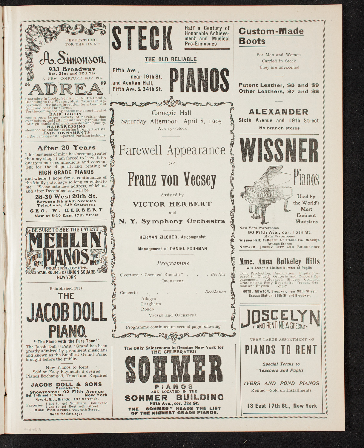 Franz von Vecsey, Violin, with the New York Symphony Orchestra, April 8, 1905, program page 5