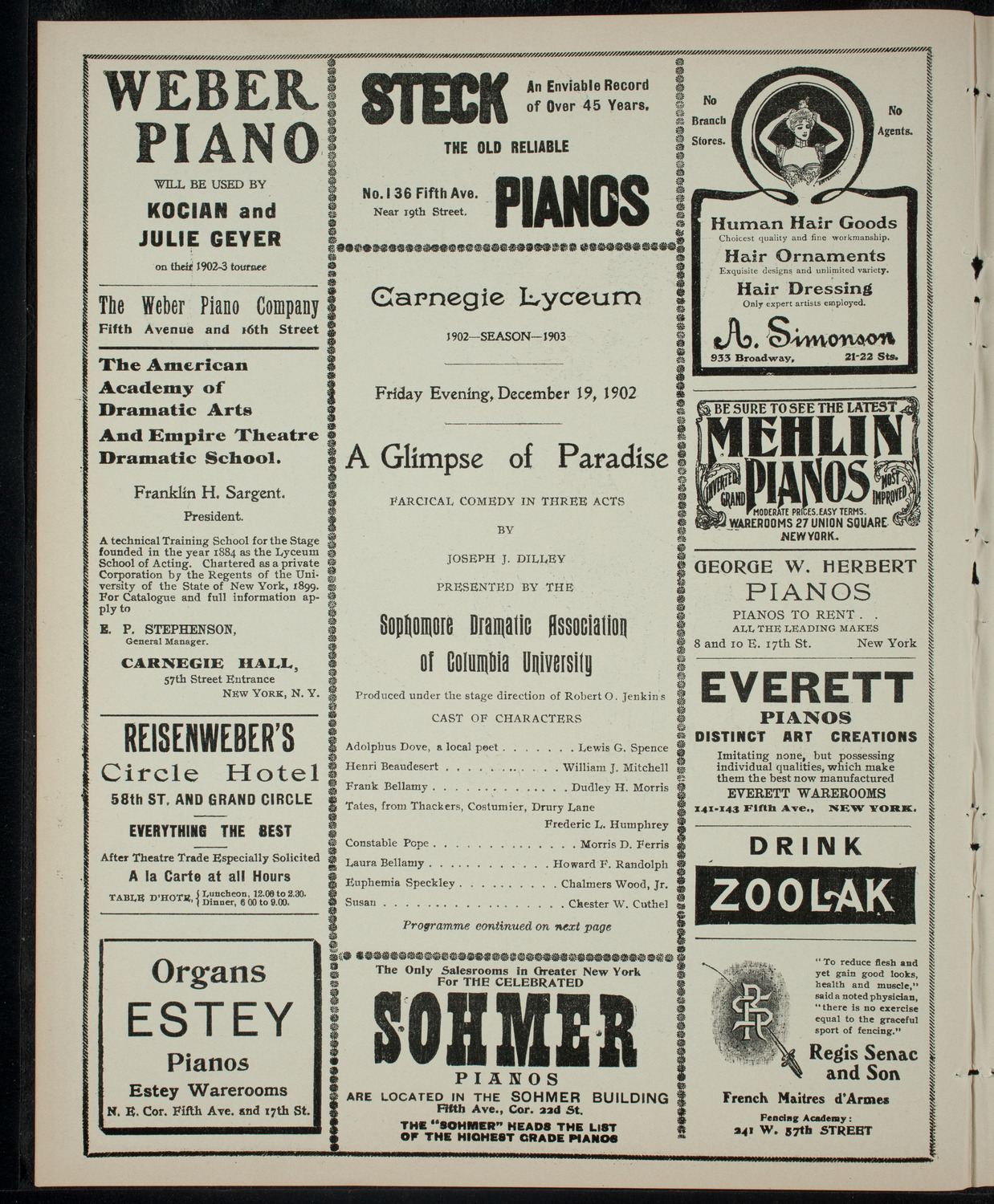 Columbia University Sophomore Dramatic Association, December 19, 1902, program page 2