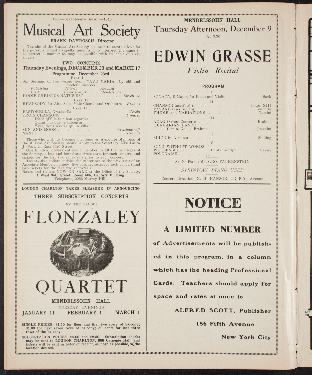 New York Philharmonic, December 8, 1909, program page 10