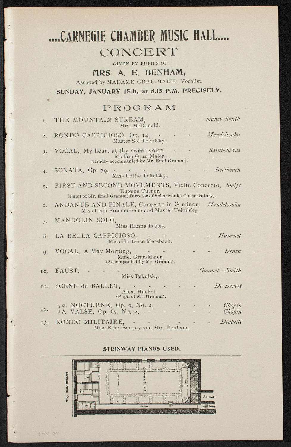 Students of Mrs. A. E. Benham, January 15, 1899, program page 1