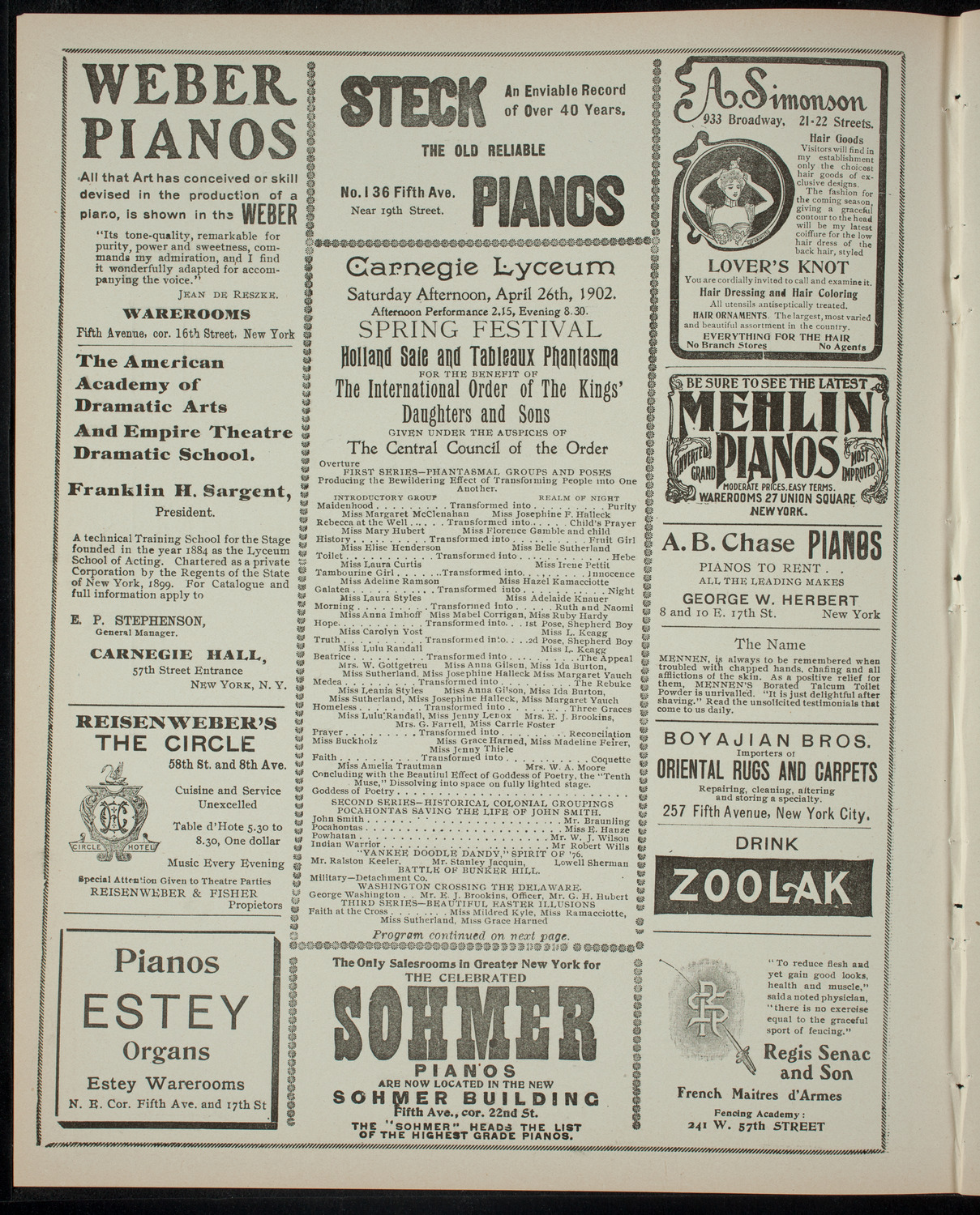 Benefit Performance for The International Order of the Kings' Daughters and Sons, April 26, 1902, program page 2