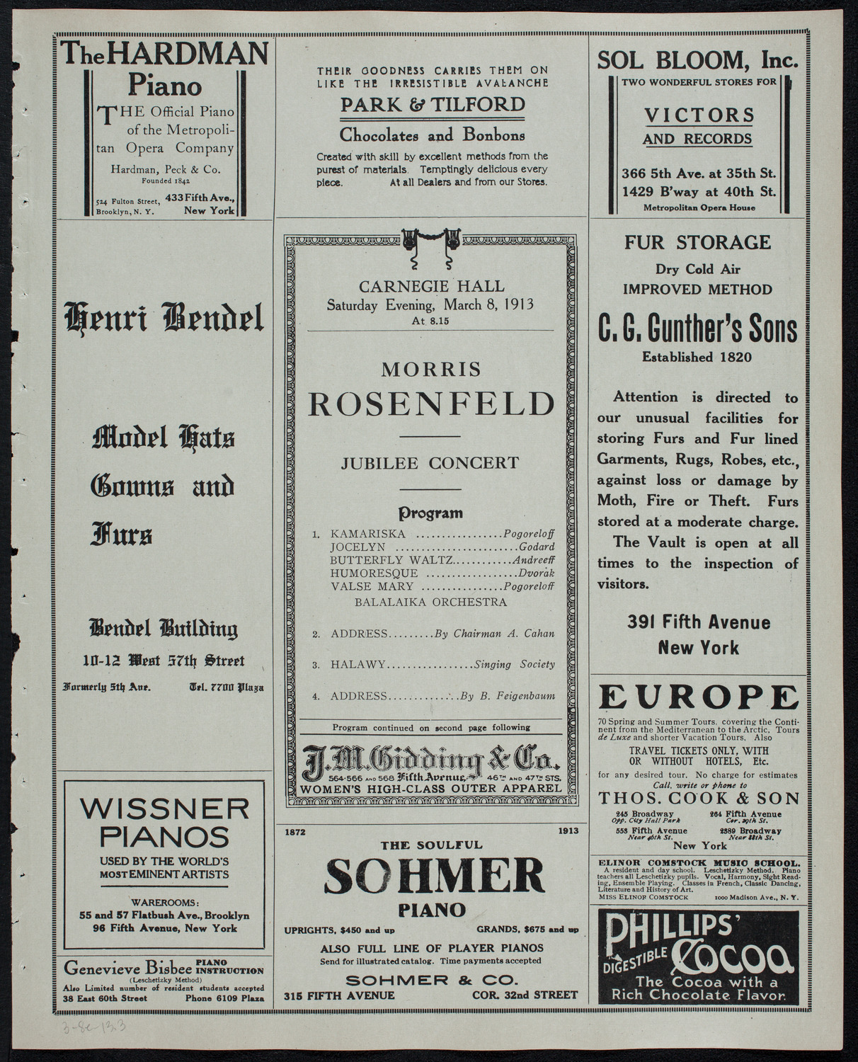 Morris Rosenfeld Jubilee Concert, March 8, 1913, program page 5
